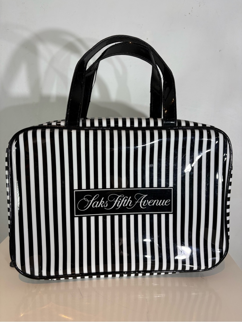 Saks Fifth Avenue Black & White Striped Hanging Travel Cosmetic Bag